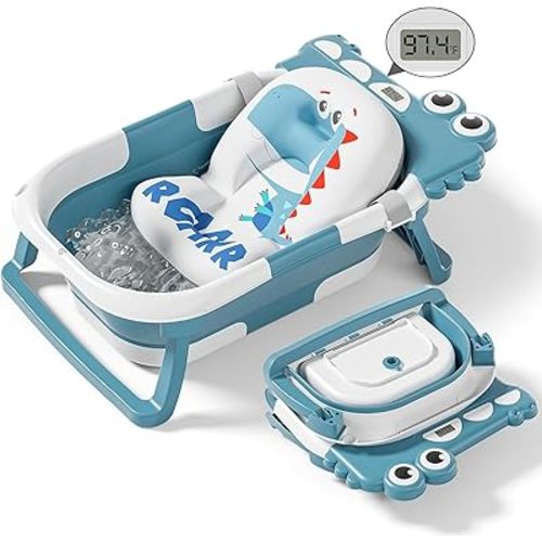 Collapsible Baby Bathtub for Newborn, Foldable Baby Bath Tub with Thermometer & Soft Floating Cushion & Drain Hole, Portable Travel Infant Bath Tubs for Newborns to Toddler 0-36 Months Girl, Blue