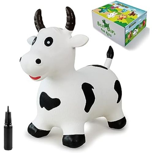 HotMax Bouncy Cow Hopping Horse Toys, Inflatable Bouncing Animal Hopper for Toddlers or Kids, Ride on Jumping Farm Toys for Boy or Girl Birthday Gift 2 3 4 Year Old (White Cow)