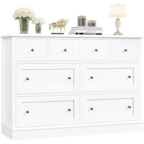 FINETONES 8 Drawer Dresser White Dresser, 47.2" White Dressers & Chest of Drawers with Large Storage, Wood Dresser with Deep Drawers, Long Dresser for Home Office