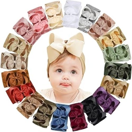 doboi Baby Hair Bows Hair Accessories - 20pcs Big Bows for Baby Girls Infant Newborn Toddler Baby Bows and Nylon Headbands