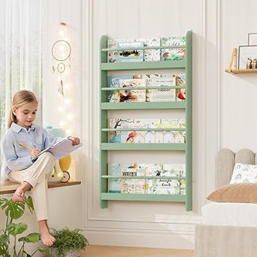 FOTOSOK Kids Bookshelf, Wall Mount 4-Tier Book Shelf Organizer for Toys and Books, Toy Storage Bookshelf in Bedroom, Living Room and Nursery, Green