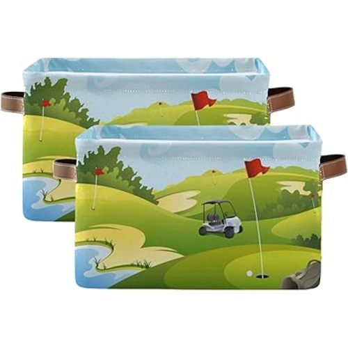 Sport Golf Ball Storage Basket Bins, Decorative Baskets Storage Box Collapsible Storage Cubes Organizer with Handles for Nursery Shelf Closet Office Home Bedroom, 2 Pack