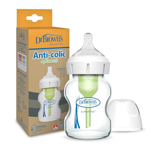 Dr. Brown's Natural Flow Anti-Colic Options+ Wide-Neck Glass Baby Bottle 5 oz/150 mL, with Level 1 Slow Flow Nipple, 1 Pack, 0m+