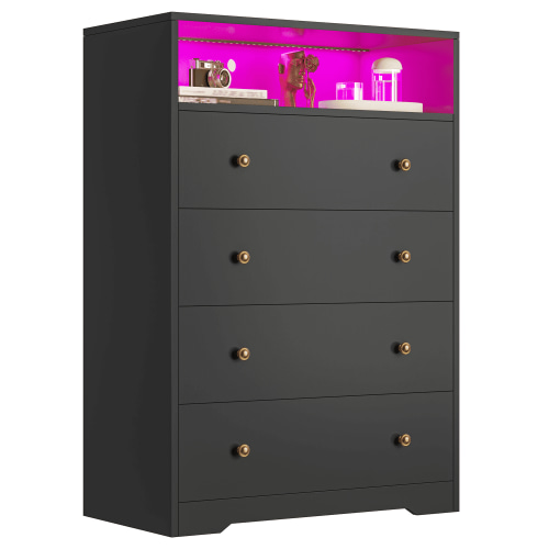 4-Drawer Black Wood Dresser with LED Lights,Modern Chest of Drawers for Bedroom,Living Room