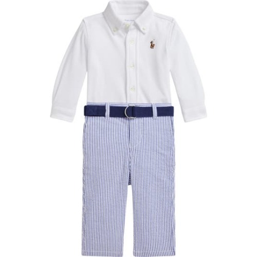 Cotton Button-Up Shirt, Stripe Pants & Belt Set, 24M