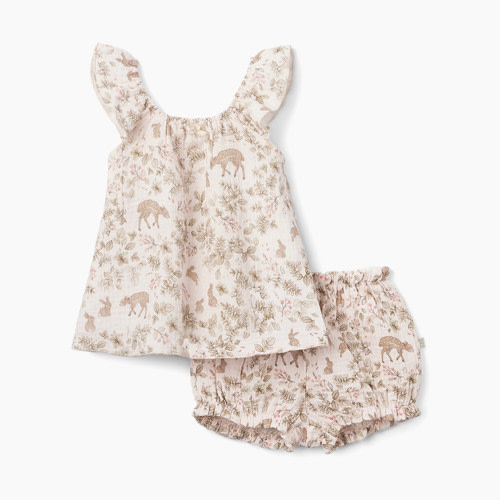 Elegant Baby Organic Muslin Flutter Sleeve & Bloomer Set - Woodland Print, 3-6M