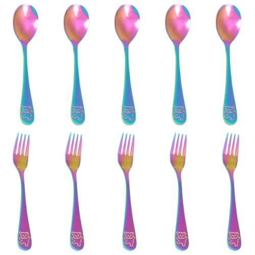 Jetcloudlive 10 Pieces Kids Silverware Set, Stainless Steel Utensils, Rainbow Kids Cutlery Set, Preschooler Eating Flatware Utensils Includes 5 Forks, 5 Spoons