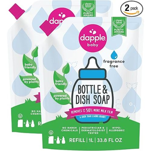 Dapple Baby Fragrance-Free Bottle & Dish Soap Refill Pouch - (2 Pack) 33.8 fl oz - Plant-Powered Cleaner for Baby Bottles, Pump Parts, and Sippy Cups