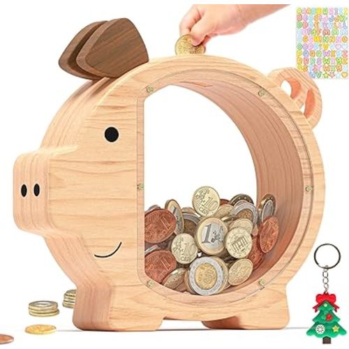 Summidate Wooden Piggy Bank for Kids Large Piggy Bank for Boys and Girls, Cute Unbreakable Wood Money Bank, Creative Saving Money Jar Personalized Gifts for Child Birthday Christmas Easter & Decor