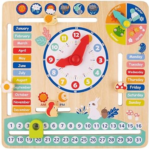TOOKYLAND Montessori Educational Wooden Learning Toys Kids Daily Calendar My Calendar Clock Wooden Toys Gifts for Toddler Kids Age 3+