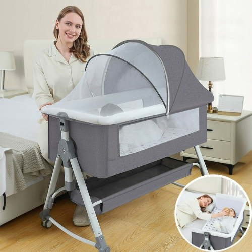 EONROACOO Foldable Baby Bassinet with Changing Table, Adjustable Bedside Crib for Infant, Gray