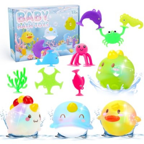 Anofty Bath Toys for Kids Ages 1-3, Baby Bath Toys for Toddler 2-4, 13PCS Light Up Bath Toys Bathtub Suction Sensory Toys for Toddler 1 2 3 4 5