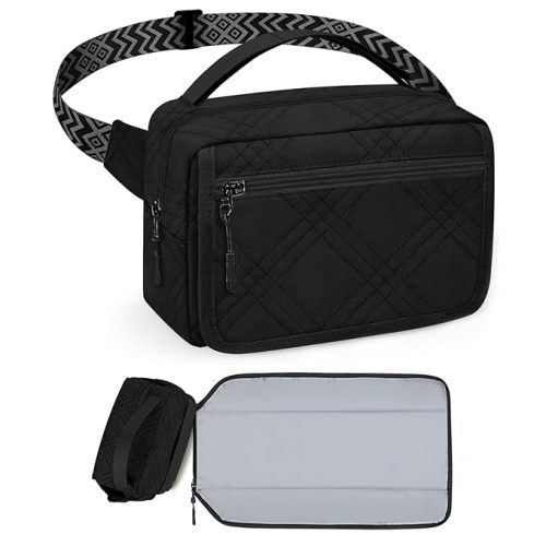 printe Small Diaper Bag with Portable Changing Pad, Crossbody Fanny Pack with Wipes Pocket for Stroller, Women Waist Bag for Travel, Black Large