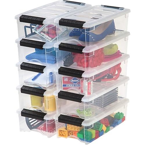 Storage Bins with Lids, 10 Pack - BPA-Free, Made in USA - See-Through Organizing Solution, Latches, Durable Nestable Containers, Secure Pull Handle - Clear/Black