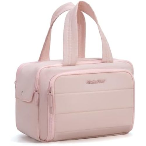 Montana West Travel Toiletry Bag Large Capacity Travel Bags Soft Pink Makeup Organizer Lightweight Puffy Cosmetic Bag with Waterproof Compartment