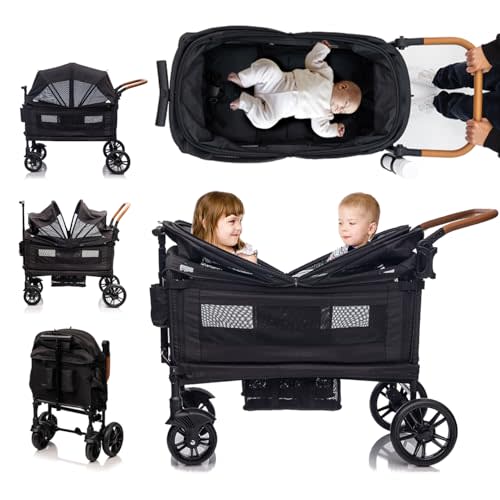 Wagon Stroller for 2 kids & Cargo-Travel Stroller Push-Pull Double Stroller Lightweight Folding Stroller for Newborn&Toddler with 5-Point Harness,Adjustable Handle Bar and Canopy,Tray Table,Cup Holder