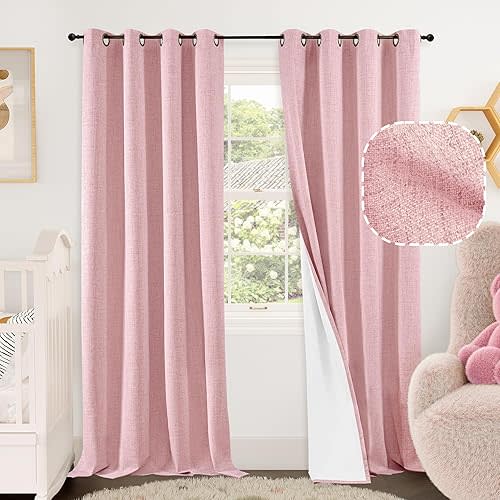 Baby Pink Linen Blackout Curtains for Girls Bedroom 84 Inch Length 2 Panels, Thermal Insulated Full Room Darkening Noise Reducing Privacy Grommet Window Curtains for Nursery, Each 52 Inch Wide