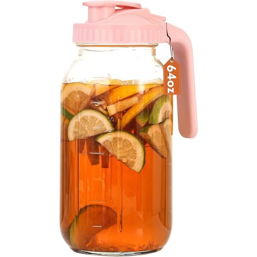 Mason Jar Pitcher With Lid and Spout, 64 OZ Glass Milk Pitcher for milk, Thick Glass Jug Sun Tea Pitcher, Drinks Container, Mason Jar Pour Spout Lid with Wide Mouth for Fridge(1Pack,Pink)