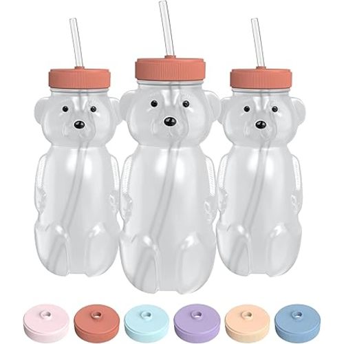 Honey Bear Straw Cup for Babies, 8-oz Honey Bear Cup with Lid, 3-Pack Therapy Learning Honeybear Straw Cup, Baby Honey Bear Bottle Set, Firetruck RED