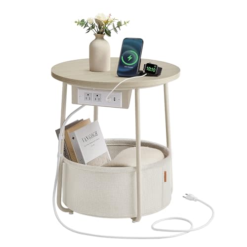 VASAGLE Side Table with Charging Station, Round End Table, Nightstand with Power Outlets, USB Ports, Fabric Basket, Living Room, Bedroom, Modern, Cream White ULET228N01