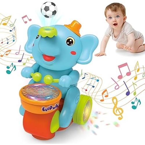 Baby Elephant Musical Crawling Toy with Lights, Sounds, Blowing Ball, Toddler Tummy Time Toys, Infant Sensory Gifts for Kids Boy Girl 1 2 3 4 5 6 7 Years (Blue)