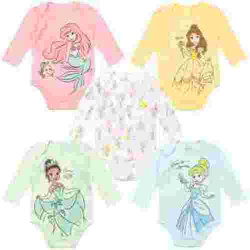 Disney Princess Rapunzel Jasmine Belle Newborn Baby Girls 5 Pack Bodysuits Newborn to Infant