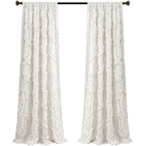 Lush Decor Ruffle Diamond Curtains Textured Window Panel Set for Living, Dining Room, Bedroom (Pair), 95” x 54”, White
