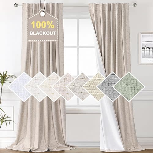 H.VERSAILTEX 100% Blackout Curtains 96 Inches Long Thermal Insulated Faux Linen Blackout Curtains for Bedroom 96 Length, Boho Farmhouse Curtains & Drapes for Living Room - Natural, W52 x L96, 2 Panels