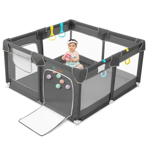COMOMY Playpens for Babies and Toddlers, Small Baby Play Pens, Activity Center for Baby Safe and Non-Slip Baby Fence, Full Mesh Design, Indoor & Outdoor Kids Activity Center (Dark Grey, 50"x50")