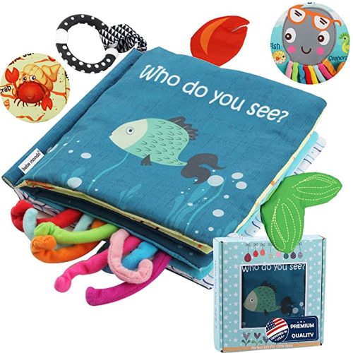 Fish Soft Baby Book,Touch and Feel Cloth Crinkle Books for Babies, Infant Baby Toys 0-3-6-12-18 Months,Early Learning Education Mirror Toy,Shower Gifts Easter for Boys Girls-GIF Box