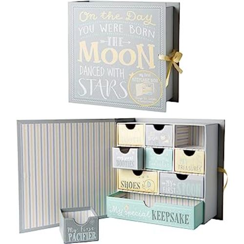 Votum Baby Keepsake Box for Treasured Memories, Moon & Stars - Lightweight, Handcrafted Baby Boxes with 9 Labeled Compartments for First Memories - Gender Neutral Baby Shower Gifts for Girls, Boys