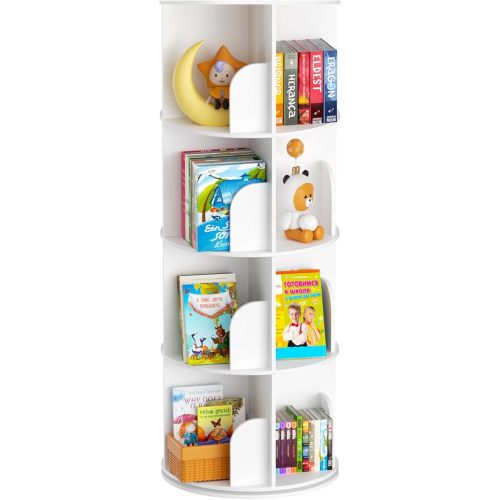 upsimples Rotating Bookshelf, 360° Display Corner Shelf for Book, 4 Tier Floor Standing Spinning Bookcase, Narrow Storage Rack for Kids Room, Bedroom, Living Room, White