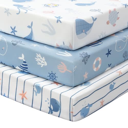 FIEMOL Baby Crib Sheets for Boys and Girls, 3 Pack Toddler Bed Sheets for 52”x28” Standard Toddler Mattresses, Soft Microfiber Fitted Crib Sheets Neutral Blue Ocean Whale