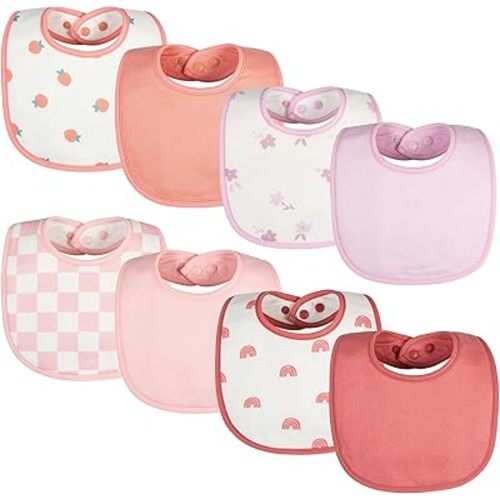 Tiny Twinkle 8 Pack Baby Food Bibs for Eating - Waterproof & Absorbent 6-12 Months Infant Bibs, OEKO-TEX Certified Drooling Bibs for Baby Led Weaning(Girl Print 8-Pack)