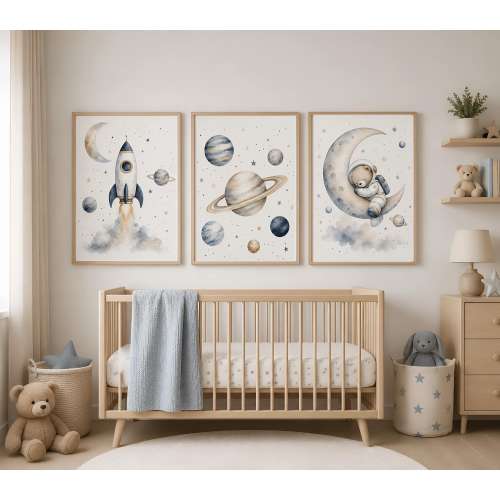 Watercolor Space Nursery Prints, Rocket Moon Astronaut Bear Art Set