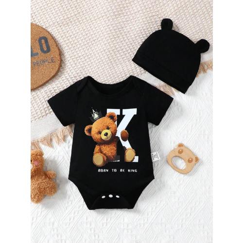 SHEIN | Newborn Baby Boy Cute Bear Printed Bodysuit With Hat