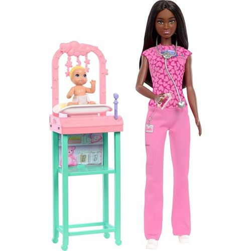 Barbie Baby Doctor with Brunette Fashion Doll Wearing Pink Scrubs, 1 Baby Doll with Accessories & Furniture