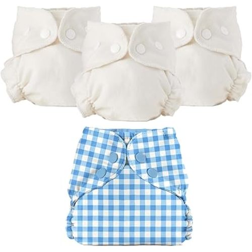 Esembly Cloth Diaper Bundle Set - 3 Organic Cotton Absorbent Inners and 1 Waterproof Outer Diaper Cover - Reusable, Washable, Snap Closure Cloth Diapers - Size 1 (7-17lbs), Gingham