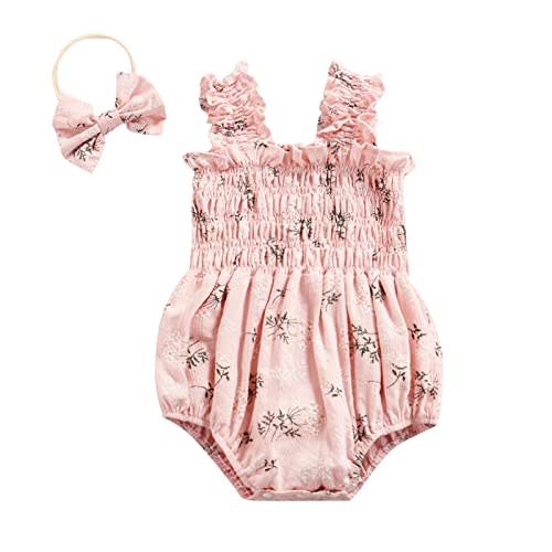 Partclots Newborn Infant Baby Girl Sleeveless Romper Toddler Girls Floral Jumpsuit Bow Headband Summer Outfits