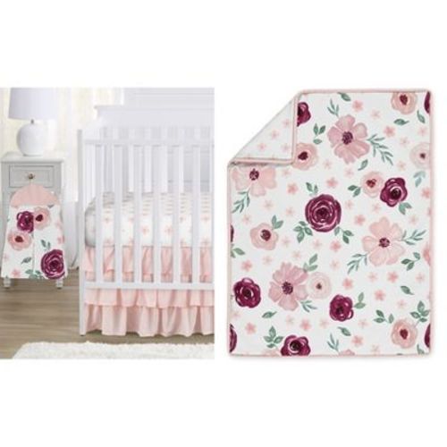 Sweet Jojo Designs Girl Baby Crib Bedding Set - Watercolor Floral Collection Burgundy And Pink 4pc