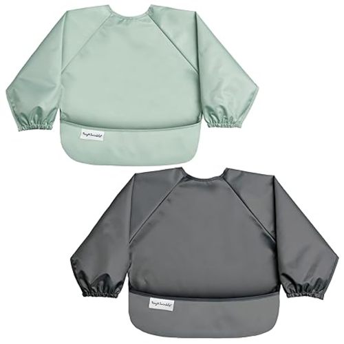 Tiny Twinkle Long Sleeve Bib for Babies & Toddlers | 2-Pack Waterproof Smock Bib for Eating | Machine Washable & Mess-Proof Feeding Essentials | Newborn Shower Gift (Sage Charcoal,2-4Y)