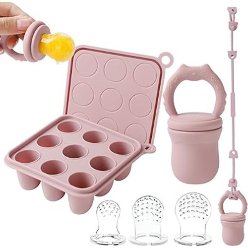 Silicone Baby Frozen Fruit Food Feeder & Baby Food Freezer Tray & Silicone Toy Strap Combo, Breastmilk Popsicle Molds for Teething Baby 3 Months+, BPA Free (Dusty Lilac)