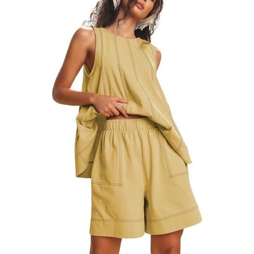 Gozoloma Womens 2 piece Outfits Sleeveless Matching Sets A Line Tank Tops Contrast Stitching High Waist Shorts with Pockets
