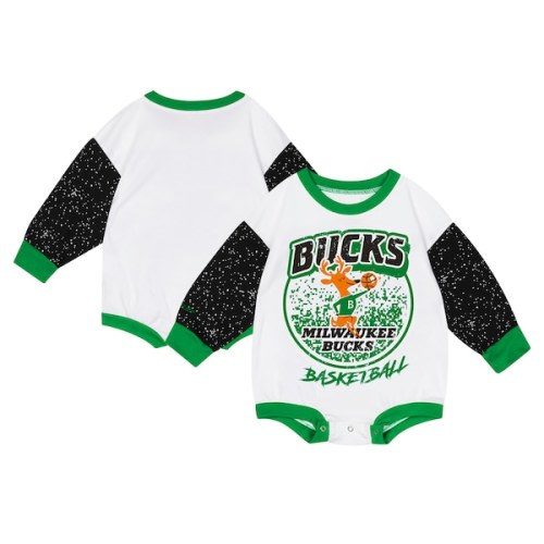 Infant Milwaukee Bucks Mitchell & Ness White Hardwood Classics Posterboard Oversize Long Sleeve Bodysuit