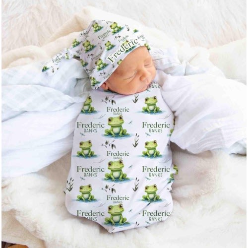 Frog Swaddle Set, Frog Swaddle Baby Blanket, Personalized Swaddle Blanket, Frog Baby Blanket, Froggy Nursery Decor G91