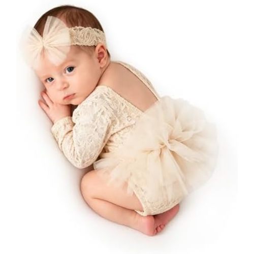 ForBaysy Newborn Photography Props Newborn Lace Romper Set with Matching Headband – Infant Baby Girl Outfit for Photoshoot