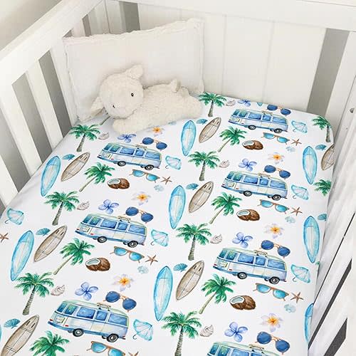 Watercolor Boho Surf Baby Crib Mattress Sheet 52''x28'' Blue Beach Bus Surfboard Palm Trees Flower Snug Fitted Crib Mattress Cover for Boy Girl Soft Baby Bed Sheets for Standard Crib Toddler Mattress