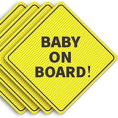 Baby On Board Sticker Sign - Essential for Cars - 4 Pack, 5" by 5" - Bright Yellow and SEE-THROUGH when Reversing - Best Safety Signs - Non-Magnetic Sticker - Durable and Strong Adhesive