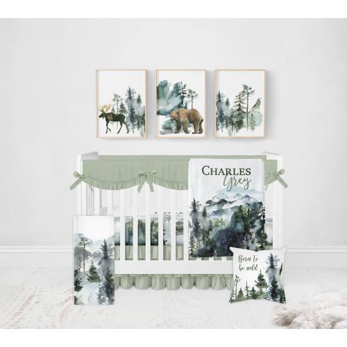 Forest Crib Bedding Set, Baby Boy Crib Bedding, Woodland Crib Bedding, Forest Trees and Mountains Crib Bedding Set, Crib Bedding Set Boy