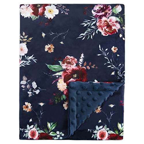 BORITAR Baby Blanket for Girls Super Soft Double Layer Minky with Dotted Backing Dark Blue Blanket with Beauty Floral Printed 30 x 40 Inch(75x100cm)